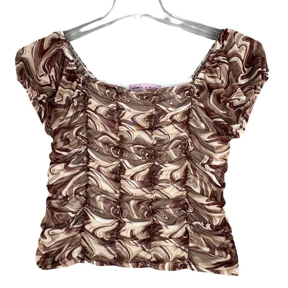 Crave Fame Shirt Womens Small Brown Cream Swirl Ruched Crop‎ Vintage 2000s Y2K - Picture 1 of 9